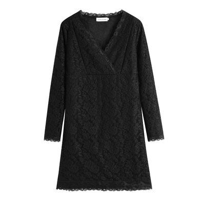 加绒加厚v领蕾丝衫中长款连衣裙
