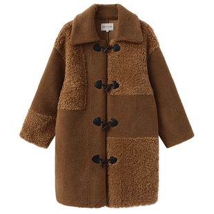 310MOOD冬季复古学院风不规则拼接泰迪熊长大衣外套中长款高级感