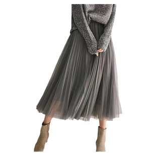 灰色高级感百褶长裙女秋冬新款网纱半身裙黑色粉色内搭多层次纱裙