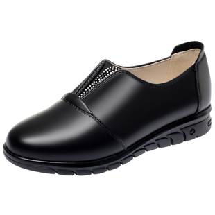 坡跟女鞋春秋真皮单鞋中跟厚底妈妈鞋软皮圆头魔术贴中年女士皮鞋