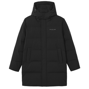 热风男士羽绒服2025年冬季新款休闲中长羽绒服连帽保暖黑色羽绒服