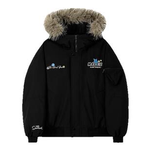 辛普森一家美式复古毛领连帽羽绒服男潮流字母刺绣青少年情侣外套