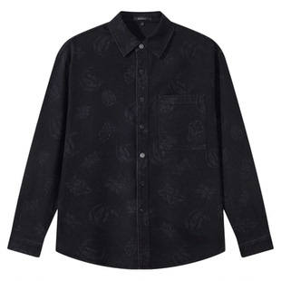 【轻奢满印】卡宾水洗牛仔夹克男装春新款衬衫型休闲黑牛外套