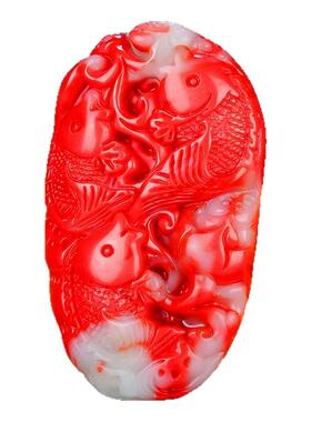 鸡血石鱼挂件男女鸡血石飘花年年有余玉把件玉石手玩件腰件