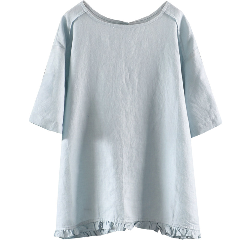 夏宽松纯色木耳边汉麻茶服T恤女