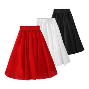 跳舞裙子舞蹈裙红色雪纺半身裙中长款过膝小个子下半身大摆中长裙