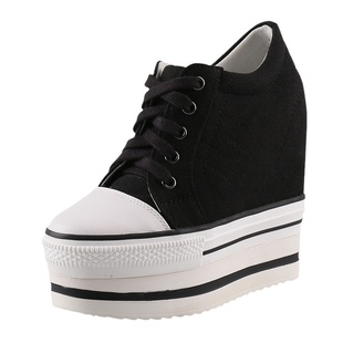 断码鞋厚底帆布鞋女内增高休闲运动旅游单鞋系带坡跟布鞋33小码