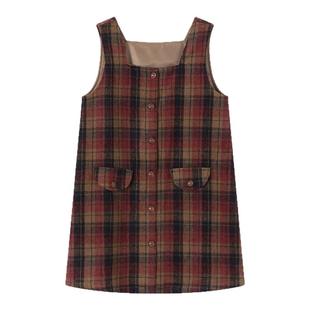 弥古红色格子背心裙女小个子无袖连衣裙2025年秋冬复古马甲裙短裙