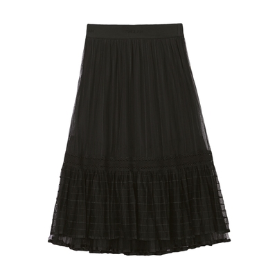 MSLAN时髦褶皱拼接蕾丝半身裙