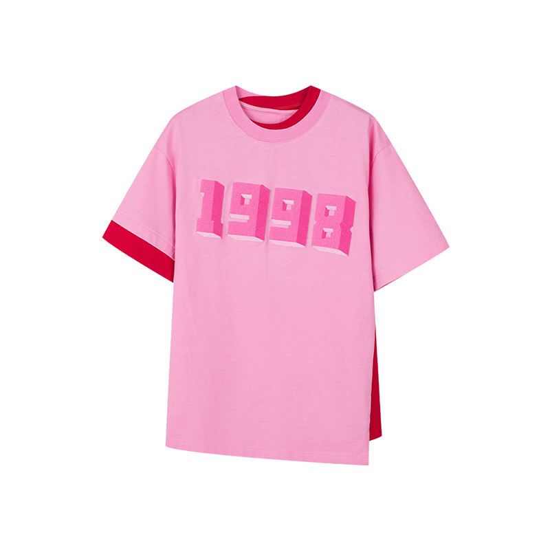 亲妈~丫丫~2023夏季新款「1998」不对称撞色宽松刺绣T恤短袖上衣