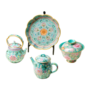 梵汝 灵玺贡坊松石绿地粉彩手绘功夫茶具景德镇陶瓷壶承盖碗茶壶
