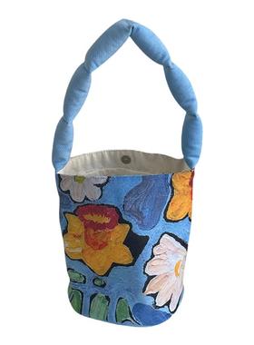 原创卡通水桶包充棉肩带便当包可爱手提包圆桶手拎包上班族饭盒袋
