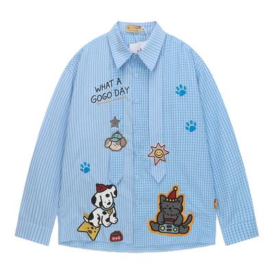 M.FOUR美式复古趣味卡通猫咪刺绣长袖衬衫男女宽松衬衣