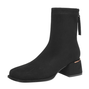 红蜻蜓粗跟方头瘦瘦靴女款2025新款秋冬高跟绒面女士短筒切尔西靴