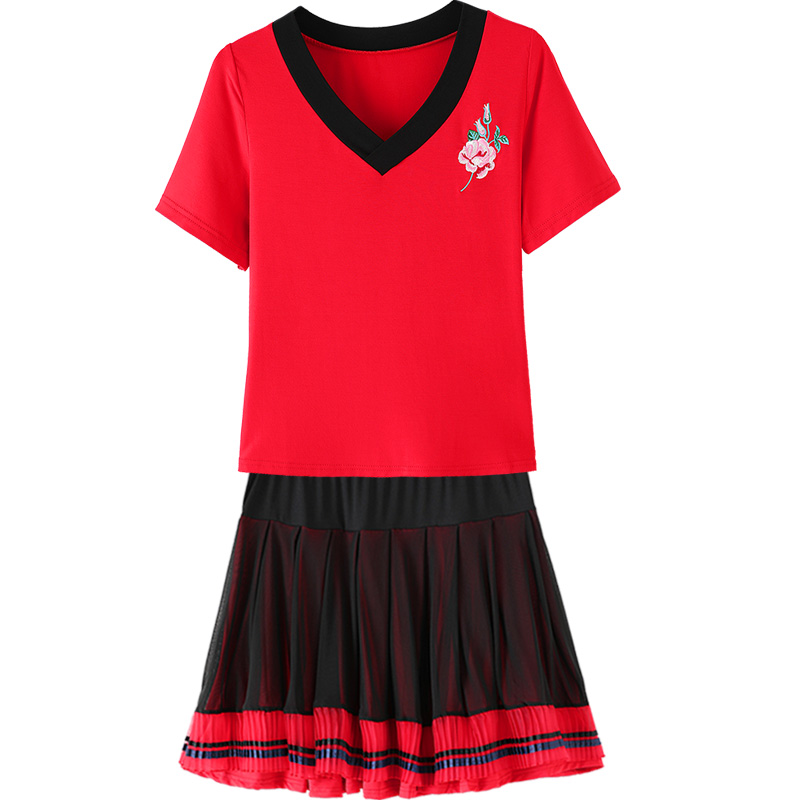 廣場(chǎng)舞服裝新款套裝夏季短袖上衣裙子中老年舞蹈服媽媽跳舞衣服女