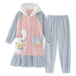 女童睡衣秋冬季珊瑚绒加绒加厚儿童睡袍冬季法兰绒女孩家居服套装