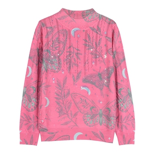 新款秋季女装薄款古嘉子长袖羊毛衫印花天丝烫钻针织衫上衣女9806