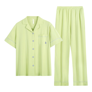 Italai/意大莱纯棉情侣睡衣女夏薄款短袖长裤全棉男士家居服套装
