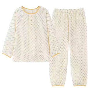 带胸垫睡衣女款纯棉纱布A类春秋家居服圆领长袖防凸点可外穿套装