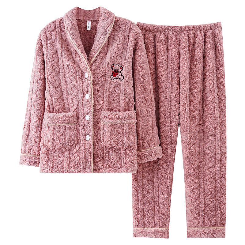 睡衣女冬季加绒加厚保暖珊瑚绒法兰绒中年妈妈胖mm大码家居服套装