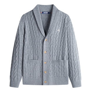 Navigare意大利小帆船纯羊毛绞花开衫毛衣男秋冬新品青果领针织衫