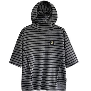 1.5新 立体遮肉条纹连帽打底衫女 时尚小熊贴标套头上衣大码春装