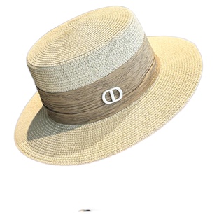 法式平顶草帽女海边度假遮阳防晒帽沙滩防紫外线太阳帽子复古礼帽
