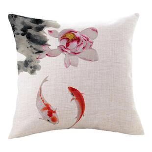 新中式水墨荷花锦鲤抱枕靠垫套亚麻客厅午睡腰枕书房客栈茶楼靠包