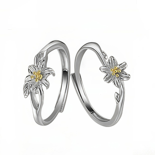 百合闺蜜款戒指一对女款小众设计S999纯银对戒开口可调节指环礼物