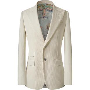 本派灯芯绒西装外套男新款棉质轻奢高端意大利风格戗驳领白色西服