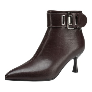 星期六英伦风羊皮高跟短靴女靴2025秋季新款气质真皮细跟尖头靴子