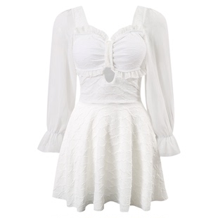 【皎皎清辉】性感纯欲纱袖一字肩修身显瘦连体泳衣女带裙两件套装