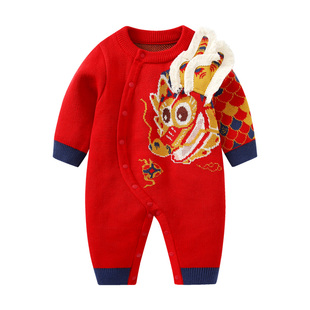 婴儿拜年服冬装连体衣男宝宝红色喜庆国风过年新年装冬季女宝衣服