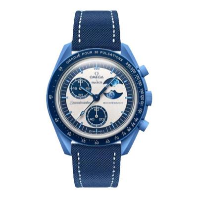 适用swatch omega表带联名斯沃琪欧米茄史努比蓝月编制尼龙帆布带