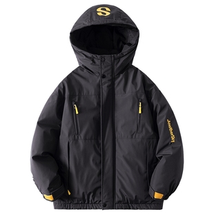 男童冬季黑色防水冲锋衣羽绒服2025新款儿童撞色加厚防寒免洗外套