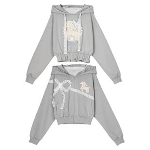 森女部落灰色芭蕾风连帽卫衣女外套秋新款miu系穿搭设计感小众冬