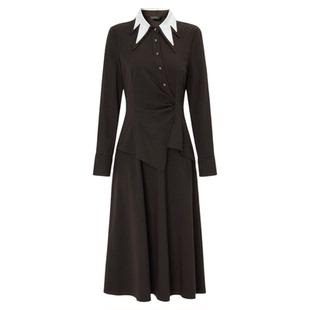 莱芙&middot;艾迪儿秋季新款莱赛尔羊毛撞色连衣裙几何翻领中长袖