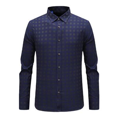 73.5％棉灰蓝格长袖衬衫商务休闲