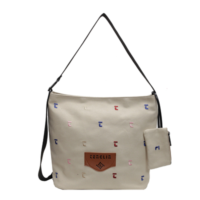 ins帆布包女大容量2025新款字母刺绣单肩包女简约美式文艺斜挎包