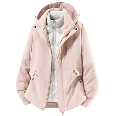 稻草人粉色羽绒内胆冲锋衣女士2025新款小个子三合一滑雪服外套男