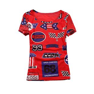 印花网纱打底衫女修身泫雅风圆领短袖t恤2026夏季字母网纱上衣