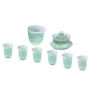 景德镇官方陶瓷影青雕刻龙纹盖碗茶具套装茶杯新款泡茶碗过年送礼