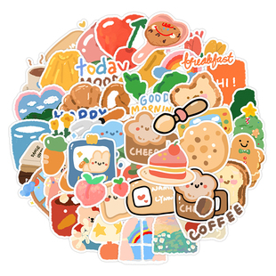 50张ins风涂鸦多巴胺油画卡通可爱小蛋糕面包手账冰箱滑板车电脑手机壳贴纸装饰笔记本相框画行李箱DIY水贴纸