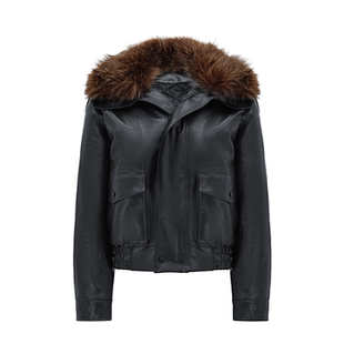 Veryrareme可拆卸大毛领黑色PU皮夹棉皮衣外套