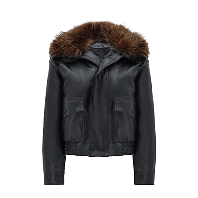 Veryrareme可拆卸大毛领黑色PU皮夹棉皮衣外套