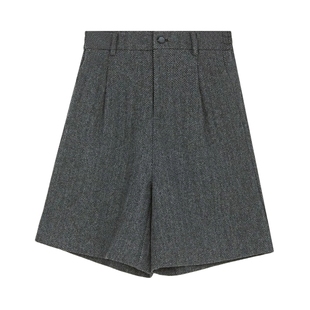 sdeer圣迪奥冬季女装松紧拼接格纹插袋毛呢A字短裤S23480903