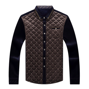 男士保暖衬衫中年长袖商务衬衣加绒加厚打底衫爸爸装夹棉丝绒外套