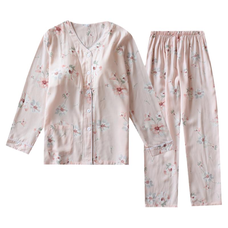 柔软棉绸长袖家居服套装女士夏季空调服带胸垫睡衣人造棉春秋薄款