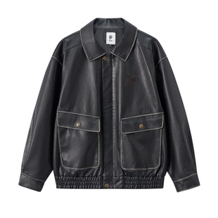 ONIARAI/鬼洗25秋冬新品复古阔型擦色皮夹克男式休闲外套 B340246