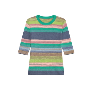 白鹿语撞色条纹五分袖针织上衣春夏款甜美微弹圆领修身针织衫女